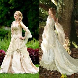 Vintage gotische trouwjurken prinses korset terug lange mouw land tuin trouwjurk Keltische Renaissance cosplay Boho Brida186I