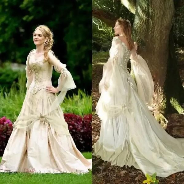 Vintage Gothique Robes De Mariée Princesse Corset Retour À Manches Longues Pays Jardin Robe De Mariée Celtique Renaissance Cosplay Boho Brida267V