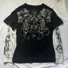 Camisetas de manga larga con estampado gráfico Vintage, camisetas de dos piezas falsas Harajuku, Tops holgados góticos coreanos Grunge, ropa de calle 240202