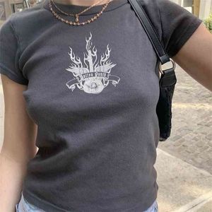 Vintage Graphic Print T-shirt Femmes Streetwear Col rond Manches courtes Slim Coton Tshirt Tops Femme Été Casual Y2K T-shirts 210722