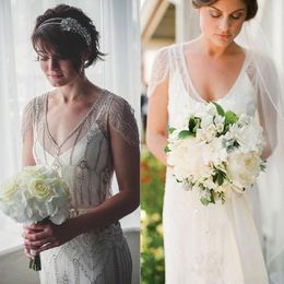 Vintage Great Gatsby Boho Wedding Dresses Crystal Garden Cap Sleeve Beaded Country Bohemian Bridal Gowns vestido de noiva