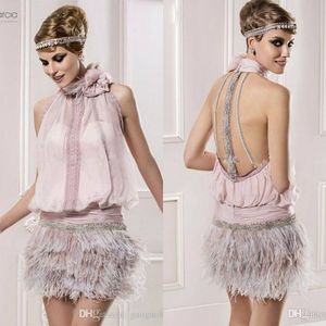 Vintage Great Gatsby Pink High Neck Short Prom Formal -jurken met veren Sparkly kralen Backless Cocktail Dress Party gelegenheid jurk 239y