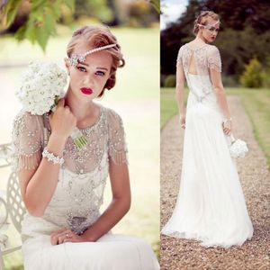 Vintage Great Gatsby Sparkly Crystal Beach Wedding Jurk Jenny Packham Cap Sleeve Country Open Back Bridal Ghowns Vestidos de Novia 2245