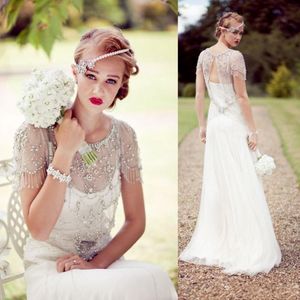 Vintage Great Gatsby Sparkly Crystal Beach Wedding Jurk Jenny Packham Cap Sleeve Country Open Back Bridal Ghowns Vestidos de Novia 2472