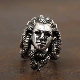 Anillo Vintage de mitología griega con Medusa, serpiente venenosa de terror, pelo de serpiente, anillo de Gorgona, joyería de motero Punk de oro blanco de 14K