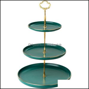 Vintage Green 3 Tier Cake Stand Cupcake Carrier Serving Dienblad met Gouden RIM 2 Layer Dessert Schotel voor Thee Party Wedding Black Drop Levering