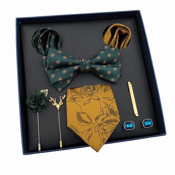 Vintage vert hommes cravate ensemble de luxe cravates pour cadeau de mariage noeud papillon mouchoir boutons de manchette pince à cravate broche ensemble pour homme cravate 240119