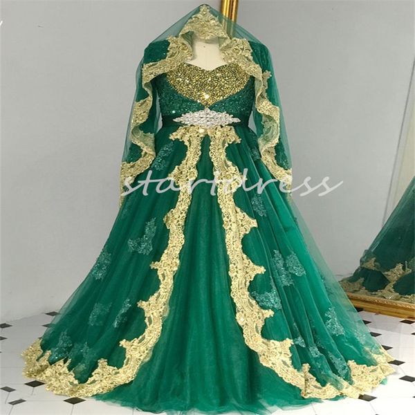 Vestido de novia musulmán verde vintage con velo islámico paquistaní con cuentas de encaje dorado Kaftan vestidos de novia marroquíes 2024 Crystal Indian Arabian Robe De Mariee Novias