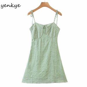 Vintage groene polka dot sexy sling jurk vrouwen mouwloze a-line linnen vakantie zomer mini vestido 210514