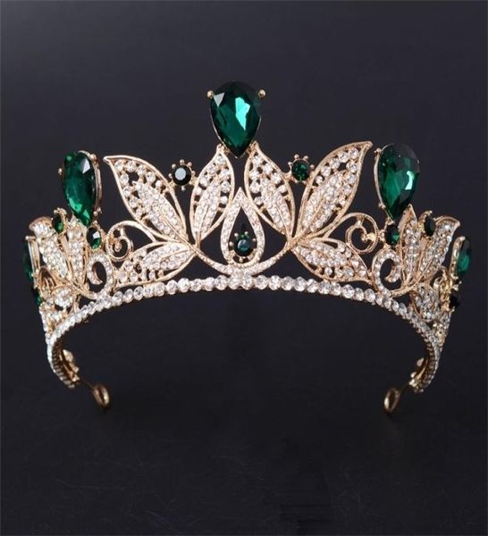 Tiara nupcial roja y verde Vintage, diadema dorada a la moda para mujer, vestido de novia, joyería para el cabello, accesorios de corona de princesa 2202189885758