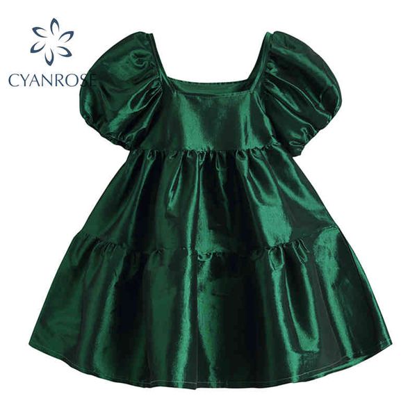 Vintage vert Satin Mini robe femmes manches courtes bouffantes dames princesse fête moelleux col carré élégant robe française femme 210417