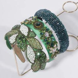 Diademas Vintage de la serie verde para mujer, diademas con diamantes de imitación, ala ancha para cabeza ancha, accesorios elegantes para el cabello