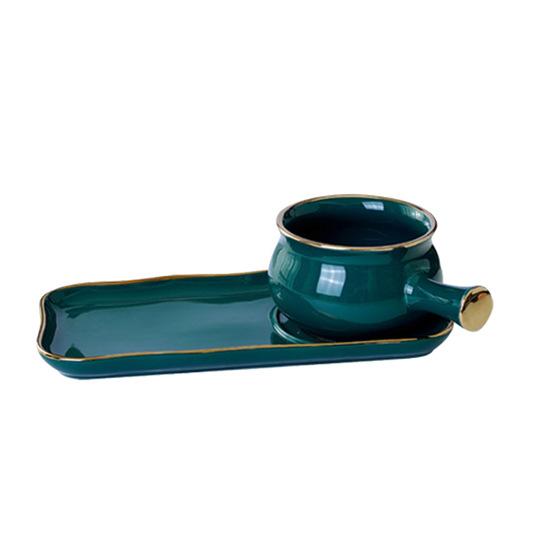 Vintage zielona zupa i kanapka Złota Złota Rim Ceramiczna Tacka na śniadanie Miska z uchwytem Duo Milk Pot Pitcher Talerz