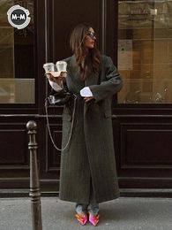 Vintage vert dépouillé surdimensionné laine Long manteau mode revers poche épaissir pardessus automne hiver dame lâche Streetwear veste 240122