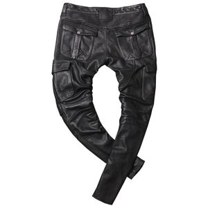 Pantalon gris Vintage pour hommes, Style américain décontracté, pantalon de moto en cuir, grande taille 4XL, peau de vache épaisse véritable