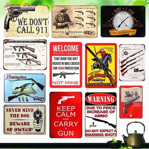 Placa de advertencia de pistola Vintage, cuidado con el propietario, carteles de hojalata de Metal, póster de arte de pared Shabby Chic, café, Bar, Pub, Club, decoración del hogar WY18