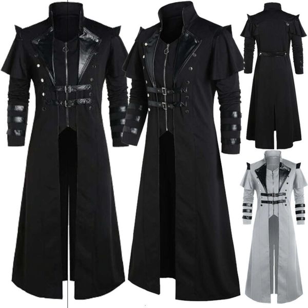 Halloween Halloween medieval steampunk Assassin ees pirata disfraz de hombres adultos negros largos divididos divididos armadura gótica abrigos de cuero