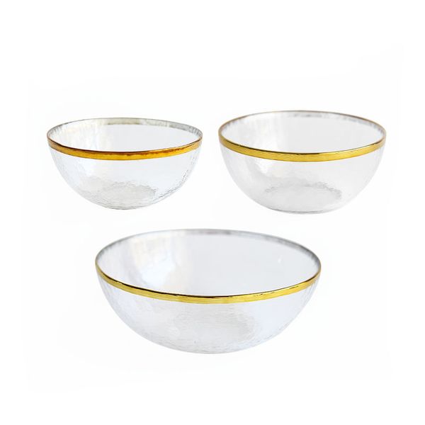 Bol en verre martelé vintage avec bordure en or rond clair fait à la main de style japonais verrerie texturée pour dessert salade plats de fruits