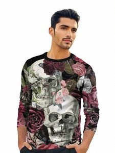 Vintage peint à la main Floral T-shirt à manches Lg Skull Hommes Vêtements Romatic Graphic T-shirts 3D imprimé ras du cou Rose Tees t2jU #