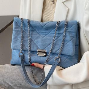 Vintage handtassen schoudertas groot denim canvas voor vrouwen ketting merk grote capaciteit shopper thread tas