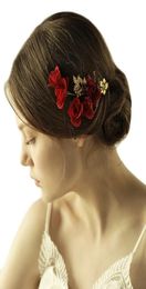 Vintage Handmade Red Rose Hair Clip Golden Leaf Rhinestones Flower Headpiece Bridal Wedding Accessories1277127