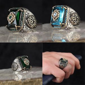 Vintage Handgemaakte Turkse Signet 14K Gouden Ring Voor Mannen Vrouwen Oude Gesneden Eagle Ring Groene Zirkoon Inlay Punk Motor Biker