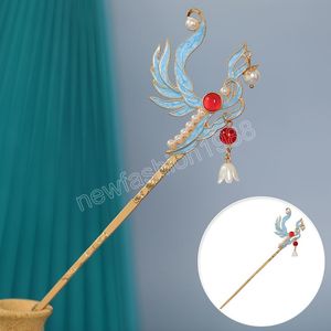 Vintage Hanfu Hair Stick Chinese Pearl Crystal Bead Hairspins Flowers Haarspeld met kwastje Hoofdkleding bruiloft accessoires