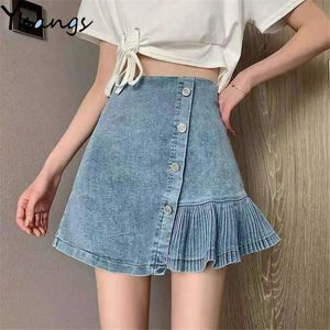 Vintage Harajuku A-lijn Denim Mini Plooirok Vrouwen Zomer Hoge Taille Jeans Preppy Stijl Zeemeermin Korte Rokken Vrouwelijke 210619