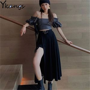 Vintage Harajuku taille haute côté fente arc rétro Sexy irrégulière été élégant Design de mode une ligne femmes jupes noires 210421