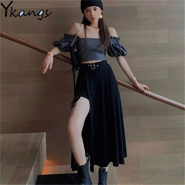 Vintage Harajuku cintura alta lateral arco retro sexy irregular verano elegante diseño de moda una línea mujeres faldas negras 210421
