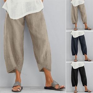 Vintage harembroek vrouwen casual los gedrukte elastische taille katoen linnen wijd been zomer onregelmatige pantalon bijgesneden 220616