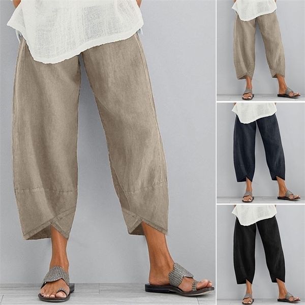 Pantalon sarouel Vintage pour femmes, décontracté, ample, imprimé, taille élastique, coton et lin, jambes larges, Pantalon irrégulier, court, 220616