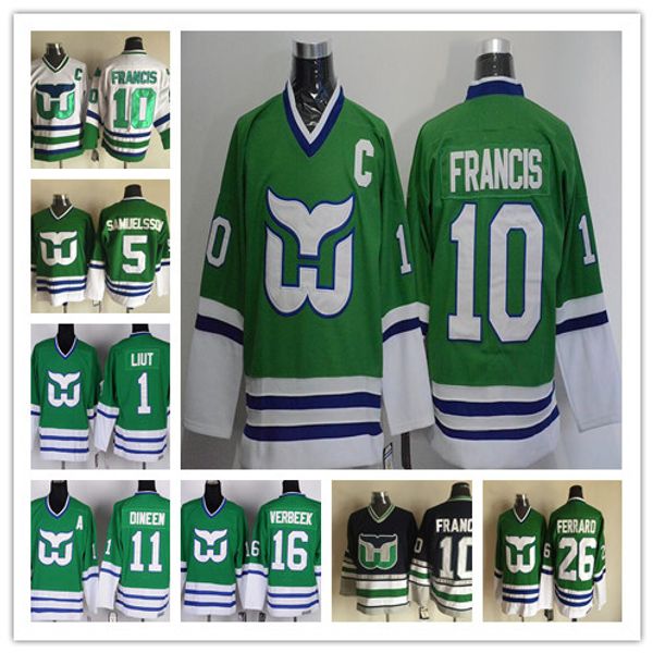 Vintage Hartford Whalers 10 Ron Francis Noir Vert Cousu 9 GORDIE HOWE 5 Samuelsson 26 Ferraro 11 Dineen 1 Chemises Liut Chandails De Hockey