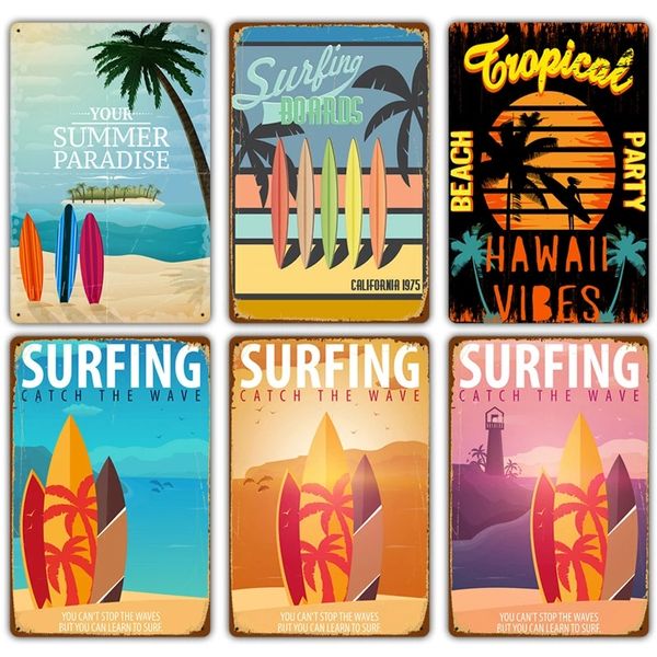 Vintage Hawaii Surf Time Metal Painting Wall Art Painting Plate Seaside Beach Poster Placa para Bar Pub Club Surf Shop Decor 20cmx30cm Woo