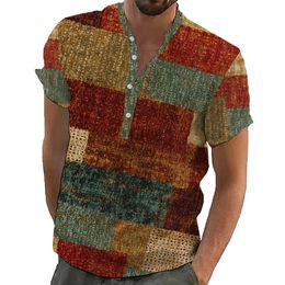 Camisa hawaiana vintage para hombre, patchwork, estampado 3D, cuello en V, manga corta, ropa de calle, Henry
