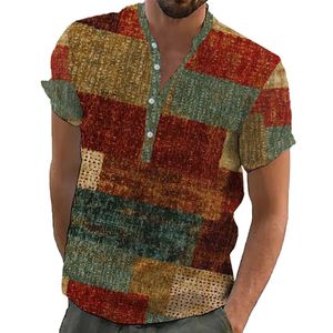 Chemise homme hawaïenne vintage patchwork impression 3D col V manches courtes vêtements de rue Henry