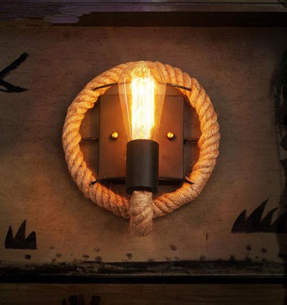 Corde de chanvre vintage lampe murale à LED industrielle Rétro fer rond Round Shape Wall Light Home présente une applique pour le balcon restaurant2673410