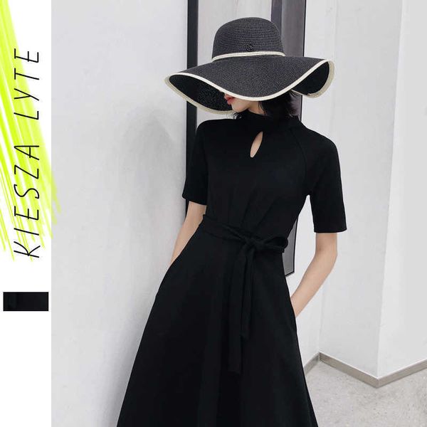 Vintage Hepburn Style robe noire longueur au genou demi-manche basique Slim une ligne ceintures évider robes printemps été 210608