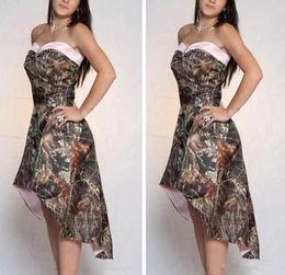 Vintage hoge lage landmeisjes jurken 2019 bescheiden camo echte boom strapless junior bohemian beach bruiloft gast feestjurk