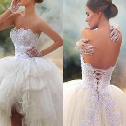 Vintage Haut Bas Robes De Mariée Courtes Robes Dit Mhamad Bustier Applique Perles À Lacets Dos Corset Robe De Novia Robe De Mariée238U