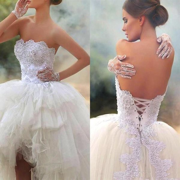 Vintage High Low Short Vestidos de novia Vestidos Said Mhamad Sin tirantes Apliques Granos Lace Up Back Corset Vestido De Novia Bridal Gown354q