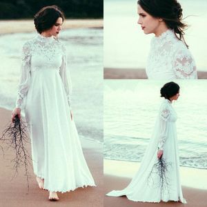 Vintage cuello alto manga larga playa Boho vestido de novia gasa hasta el suelo apliques de encaje ilusión cuello alto vestidos de boda baratos