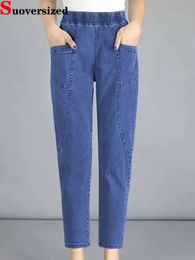 Vintage taille haute cheville longueur bleu jean sarouel élastique Denim pantalon grande taille 4xl femme Jogger Vaqueros décontracté Baggy Spodnie 240111