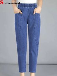 Vintage taille haute cheville bleu jean sarouel élastique Denim pantalon grande taille 4xl femme Jogger Vaqueros décontracté Baggy Spodnie 240102