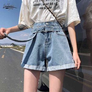 Vintage hoge taille blauw breed been vrouwelijke jean shorts dames denim casual zomer dames jeans voor vrouwen 9514 210521