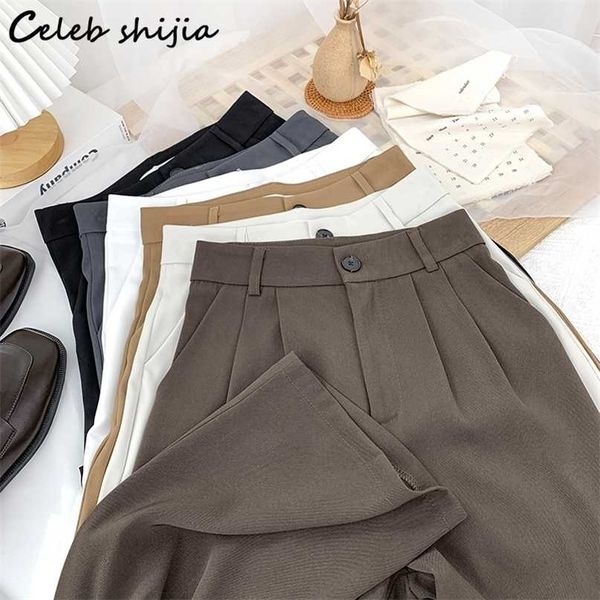 Vintage pantalones de cintura alta mujer café elegante pierna recta suelta pantalón femenino coreano negro Harm pantalones mamá oficina de negocios 211115