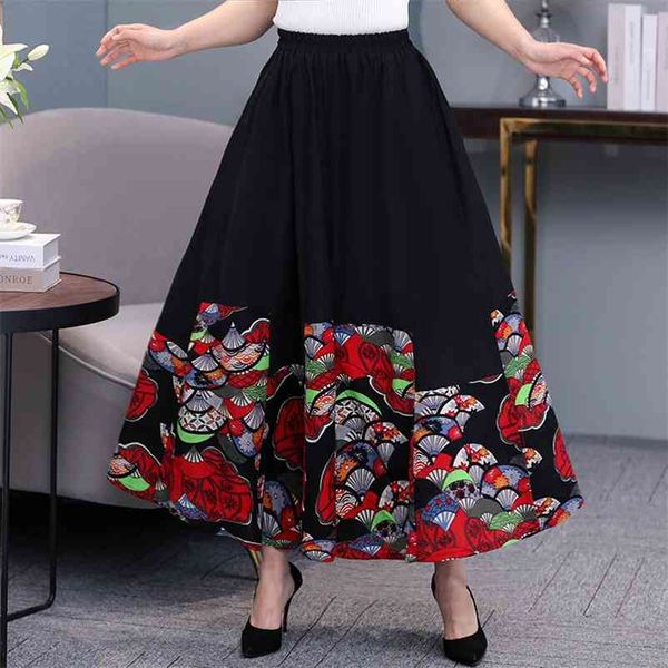 Vintage taille haute imprimé jupe plissée femmes rouge noir midi ethnique femme printemps été grande balançoire vêtements longs 210421