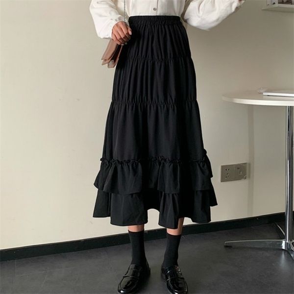 Vintage jupe taille haute Femmes Spring Automne Adolescents School Filles Forge Volants plissés Patchwork Long Midi Black Jupes Goth Jupes 210730