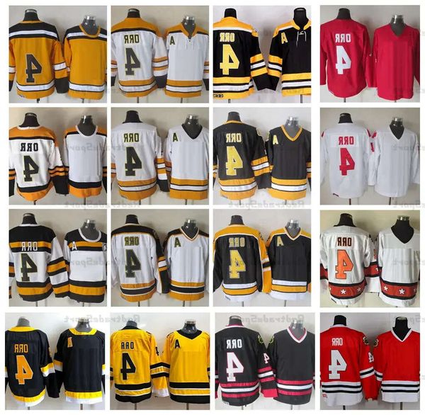 Maillots de hockey vintage # 4 Bobby Orr Jersey HOMMES Noir 75Th Winter Classic Chemises cousues jaunes 1976 Nation Team A Patch M-X 46