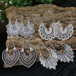 Pendientes de aro Vintage para mujer, joyería de hoja de flor tallada hueca geométrica gitana étnica, pendientes de moda de Color plata antigua